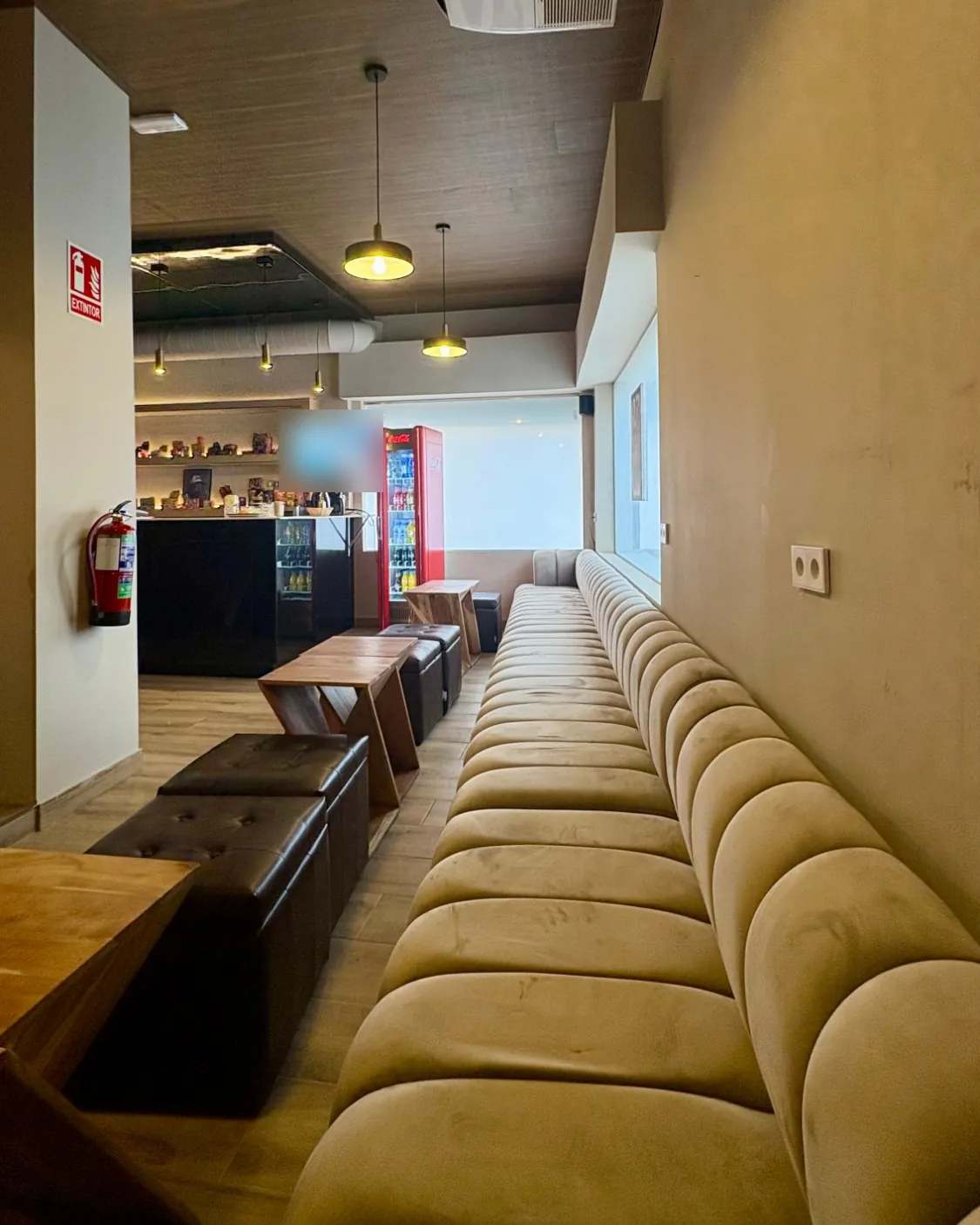 Long velvet sofa running along the wall, with leather stools and wooden tables